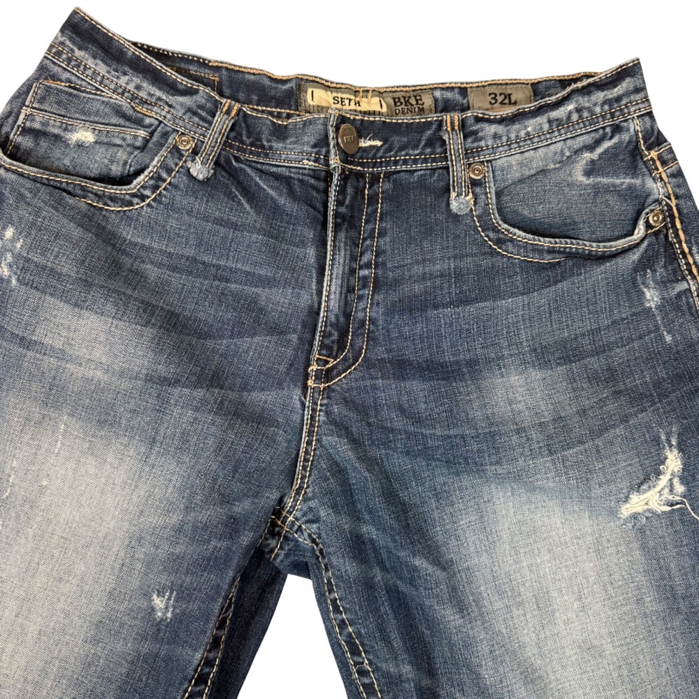 BKE Seth Straight Leg Distressed Jeans Mens 32L Medium Wash ABM1701